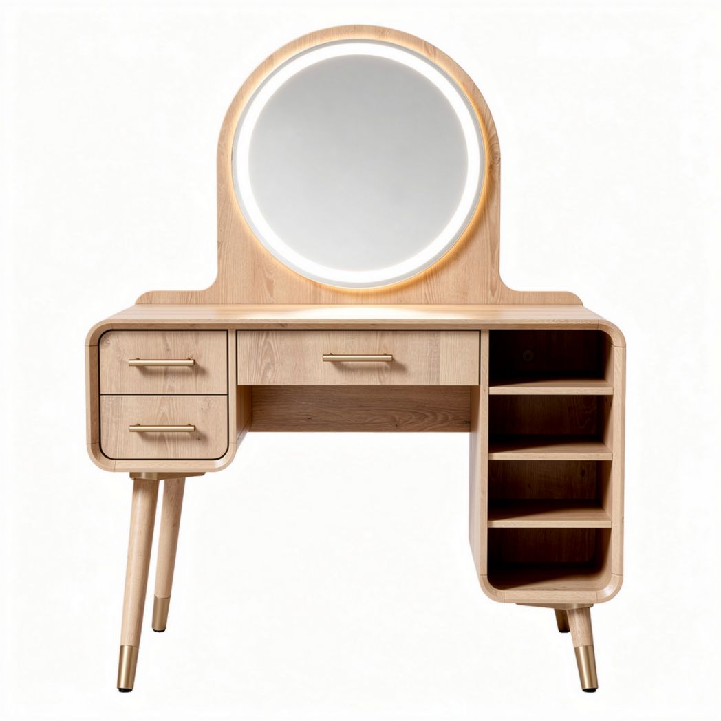 Coiffeuse en bois clair avec miroir rond et éclairage intégré 80 x 40 x 150cm