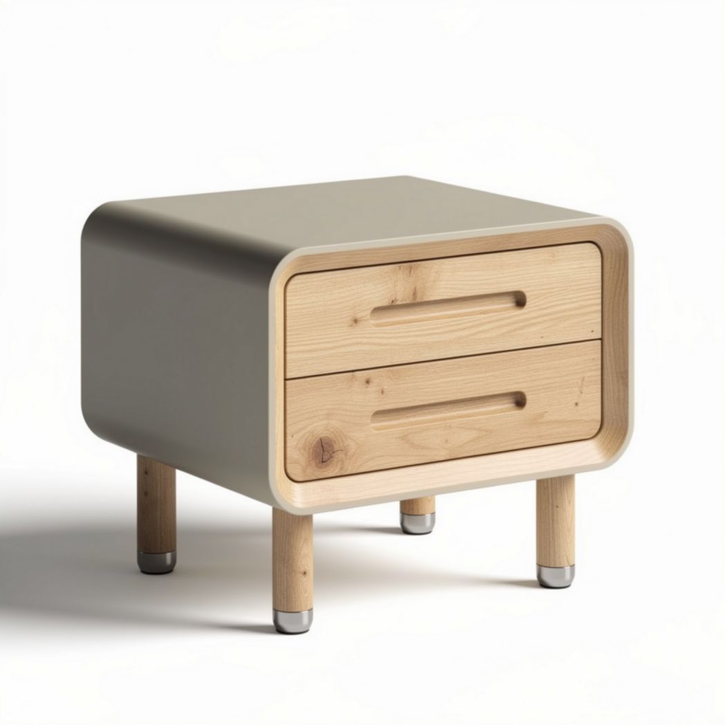 Table de chevet en bois naturel et MDF gris avec deux tiroirs 40 x 40 x 45cm