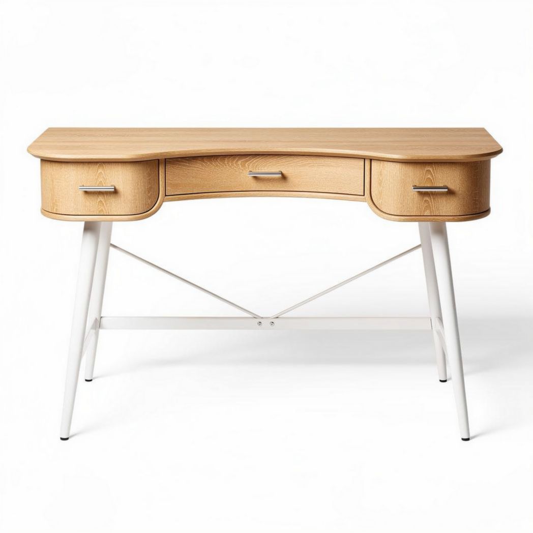 Bureau en bois clair avec trois tiroirs et pieds blancs 120 x 60 x 75cm