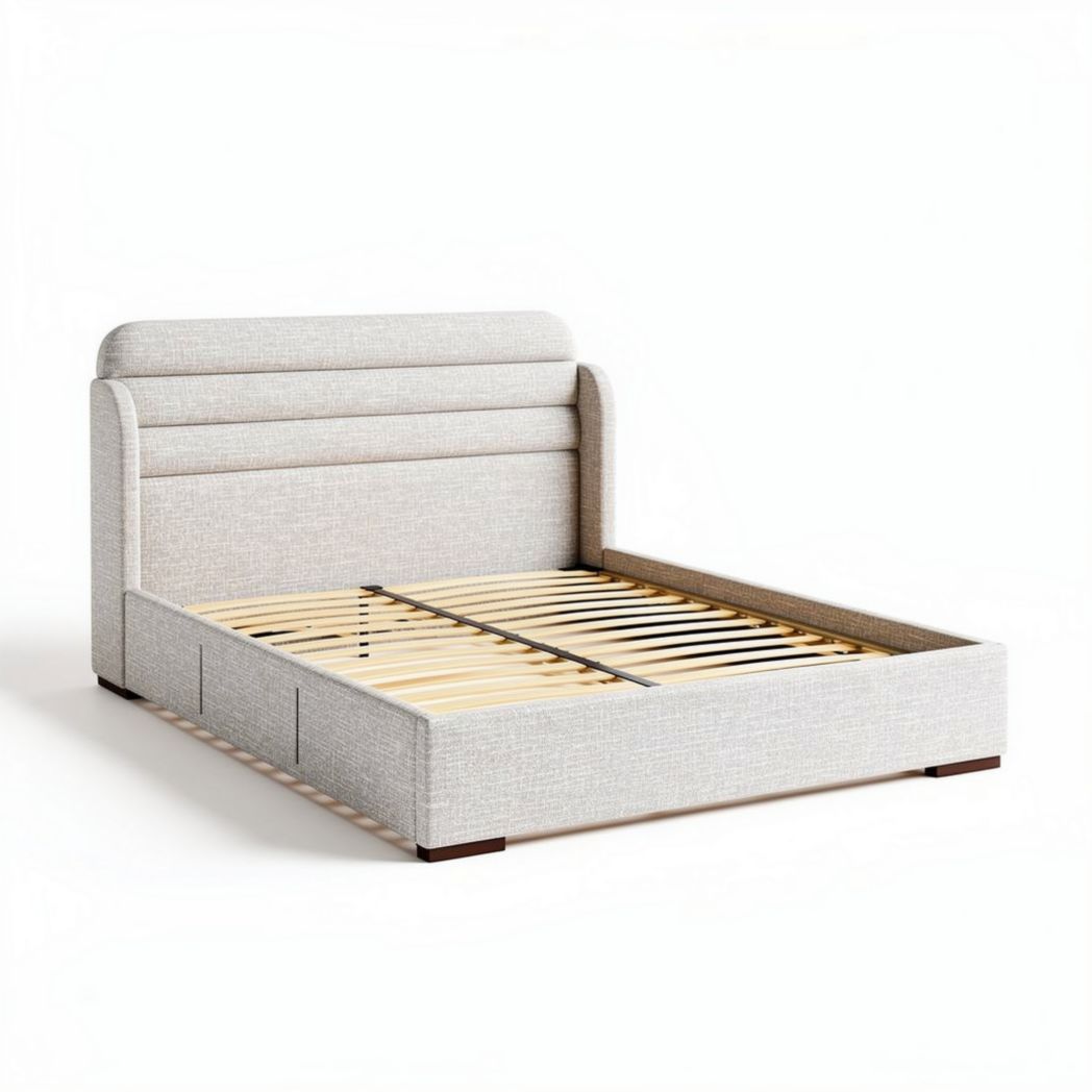 Lit en tissu beige avec sommier en lattes dimensions 210 x 160 x 100cm