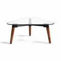 Table basse triangulaire en verre et pieds en bois 90 x 90 x 30cm