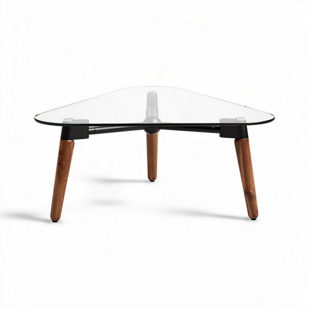 Table basse triangulaire en verre et pieds en bois 90 x 90 x 30cm
