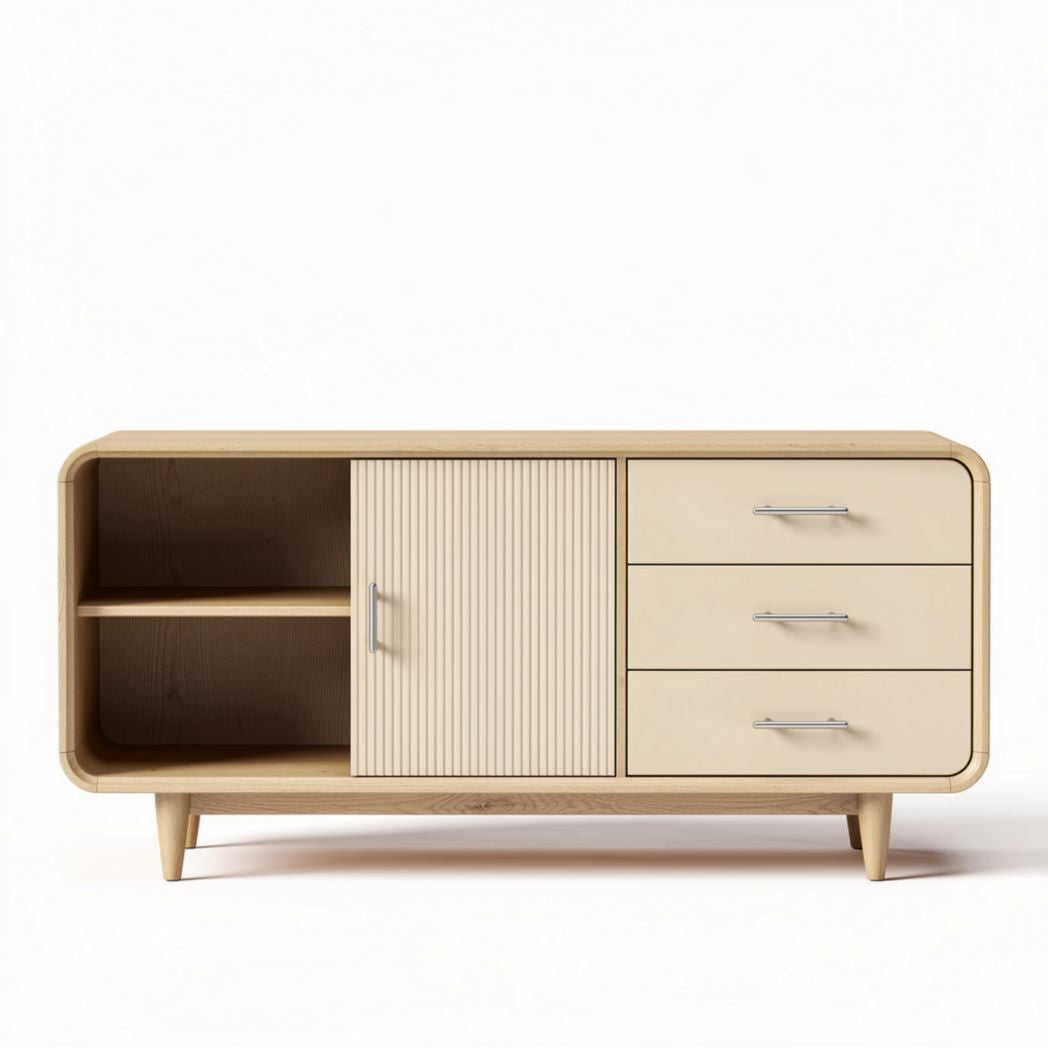 Meuble de rangement en bois beige avec portes et tiroirs dimensions 120 x 40 x 70cm